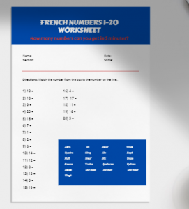 French Numbers Worksheet 1-20